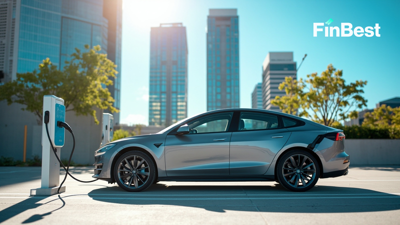 Електромобіль під’єднаний до міської зарядної станції на тлі сучасних хмарочосів. Електромобіль під’єднаний до міської зарядної станції на тлі сучасних хмарочосів.