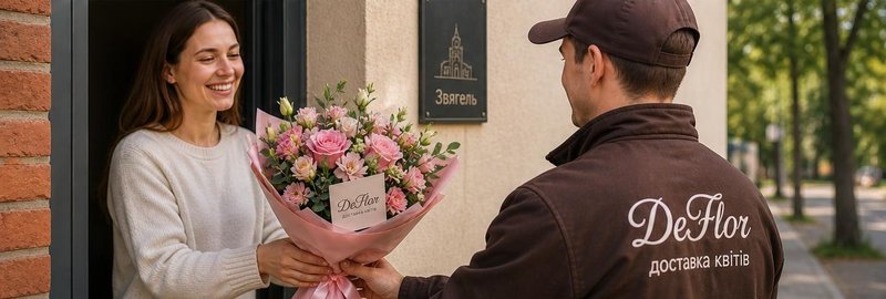 Замовити доставку квітів у Звягелі - зручний сервіс від ДеФлор Кур’єр ДеФлор доставляє букет квітів у Звягелі з врученням отримувачу