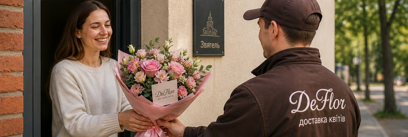 Замовити доставку квітів у Звягелі - зручний сервіс від ДеФлор Кур’єр ДеФлор доставляє букет квітів у Звягелі з врученням отримувачу